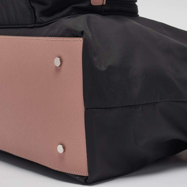 Pre Owned Karl Lagerfeld Black/Pink Leather and Nylon Front Pocket Tote