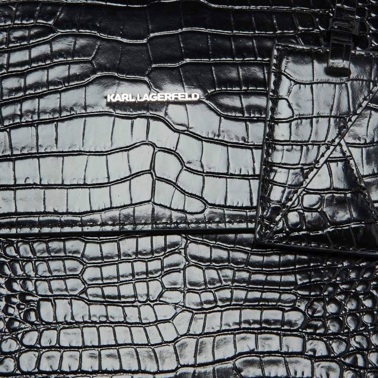 Pre Owned Karl Lagerfeld Black Croc Embossed Leather Tote