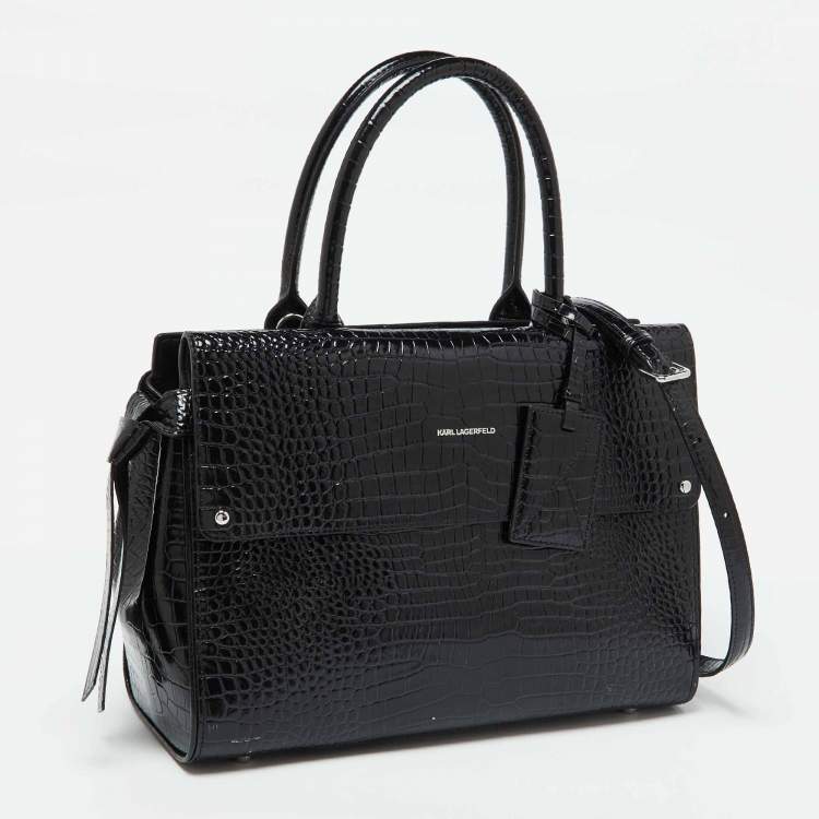 Pre Owned Karl Lagerfeld Black Croc Embossed Leather Tote