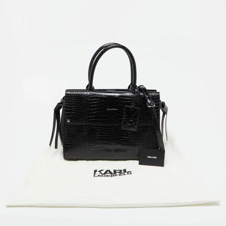 Pre Owned Karl Lagerfeld Black Croc Embossed Leather Tote