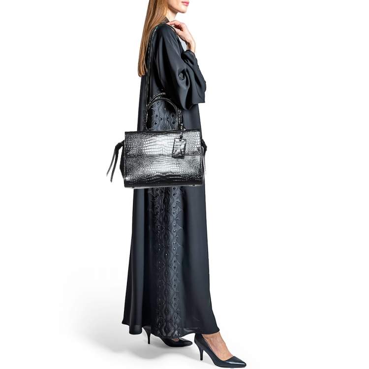 Pre Owned Karl Lagerfeld Black Croc Embossed Leather Tote