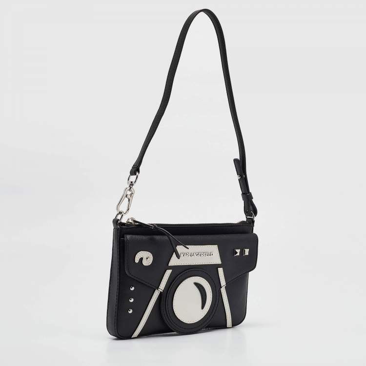Pre Owned Karl Lagerfeld Black/White Faux Leather Camera Shoulder Bag
