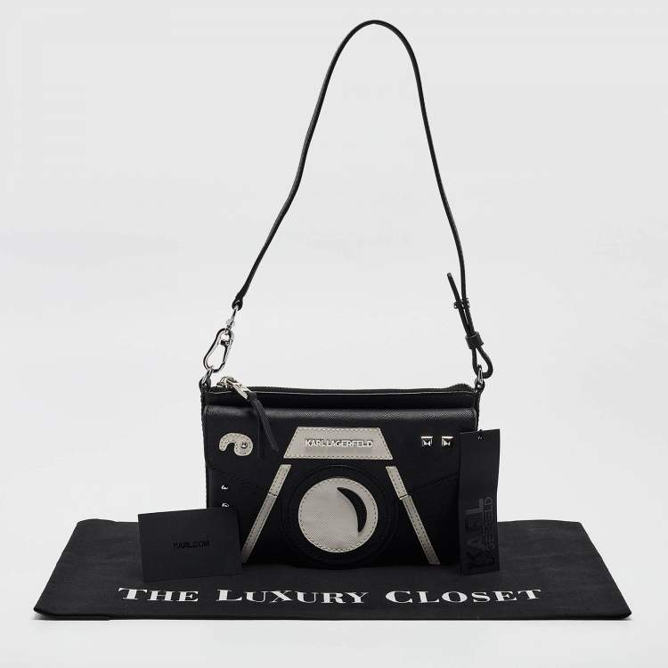 Pre Owned Karl Lagerfeld Black/White Faux Leather Camera Shoulder Bag
