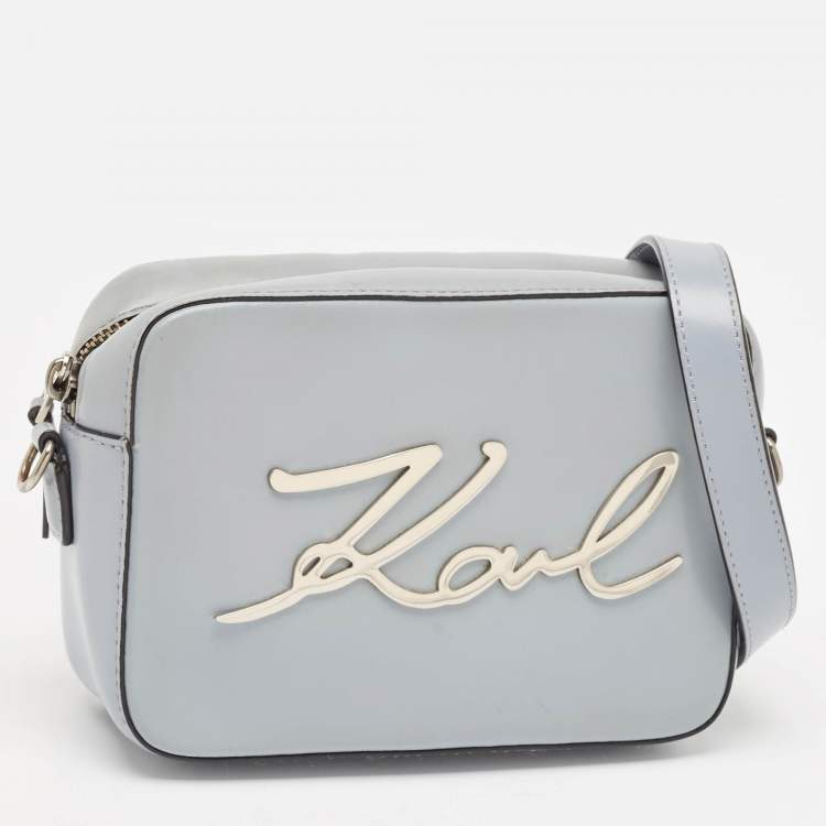 Pre Owned Karl Lagerfeld Light Blue Leather K/Signature Camera Crossbody Bag