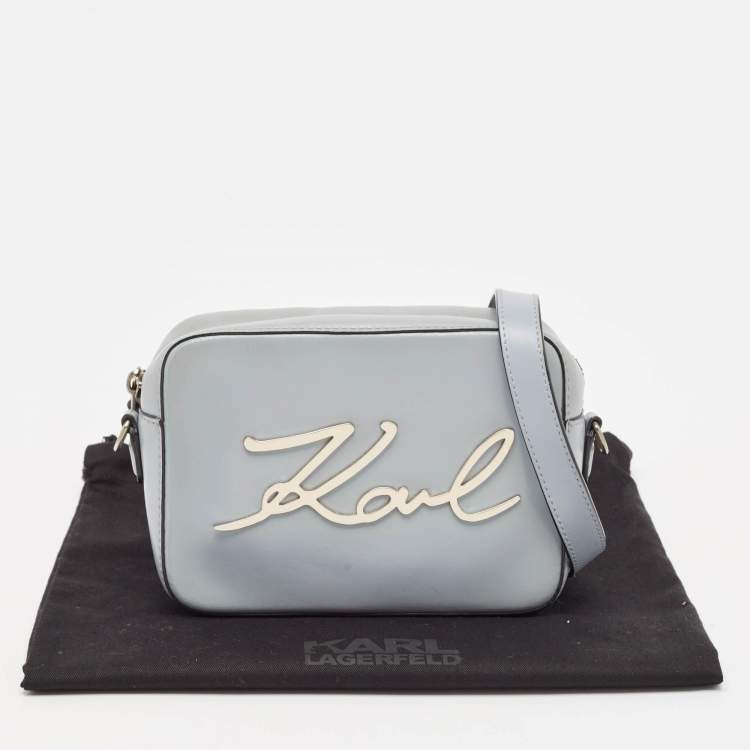 Pre Owned Karl Lagerfeld Light Blue Leather K/Signature Camera Crossbody Bag