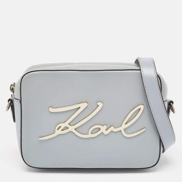 Pre Owned Karl Lagerfeld Light Blue Leather K/Signature Camera Crossbody Bag