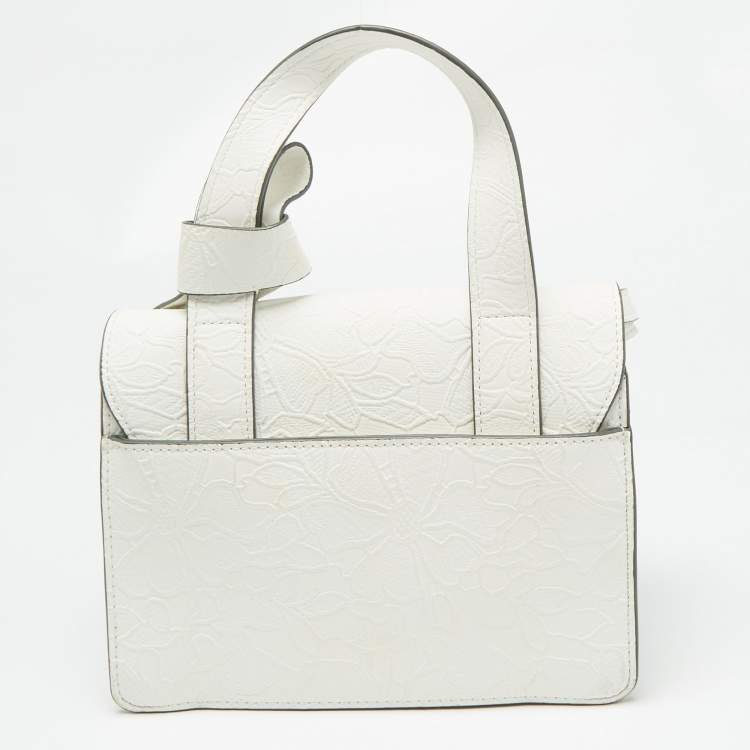 Pre Owned Karl Lagerfeld White Lace Print Leather Chantelle Top Handle Bag