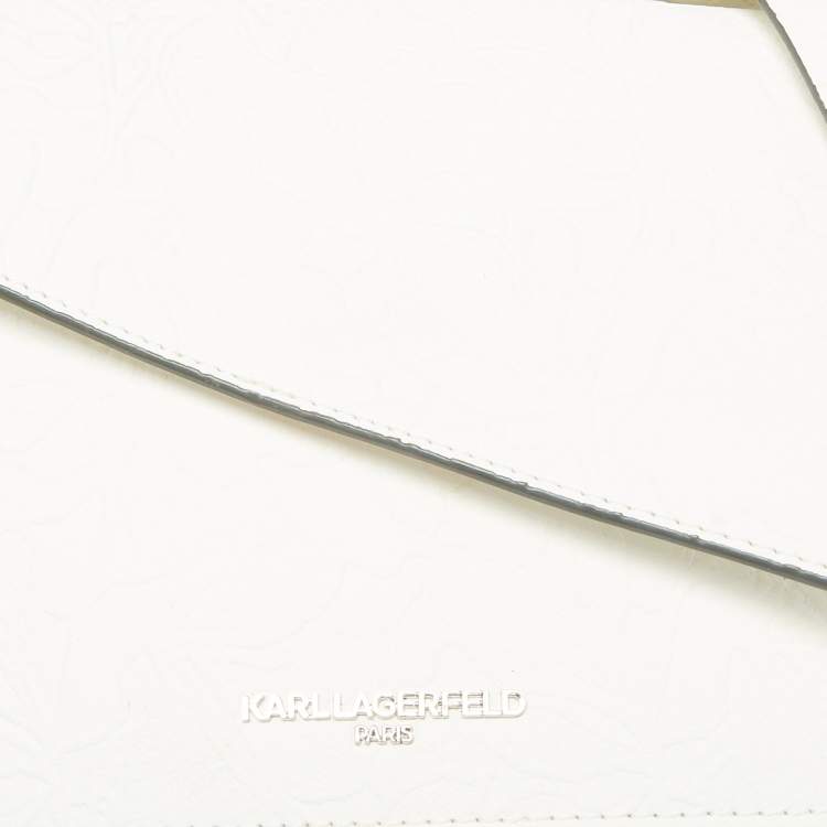 Pre Owned Karl Lagerfeld White Lace Print Leather Chantelle Top Handle Bag
