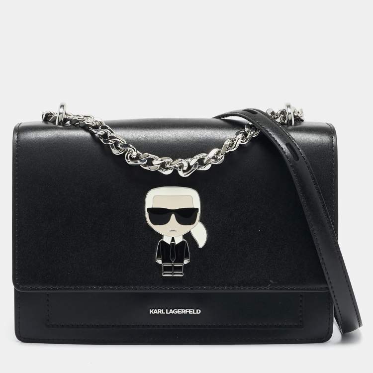 Pre Owned Karl Lagerfeld Black Leather K/Ikonik Flap Chain Shoulder Bag