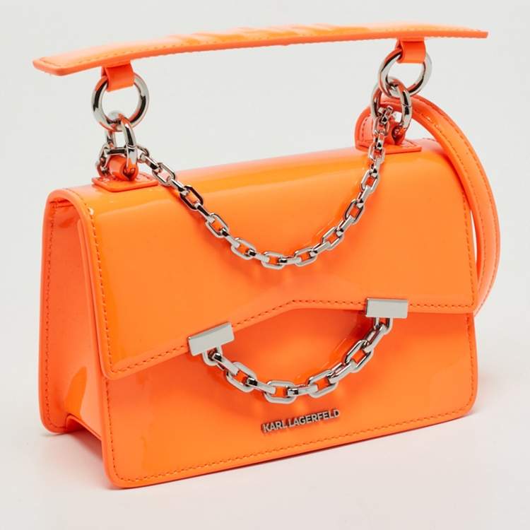Pre Owned Karl Lagerfeld Neon Orange Patent Leather K/Karl Seven Top Handle Bag