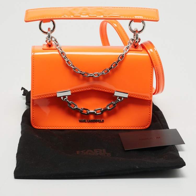 Pre Owned Karl Lagerfeld Neon Orange Patent Leather K/Karl Seven Top Handle Bag