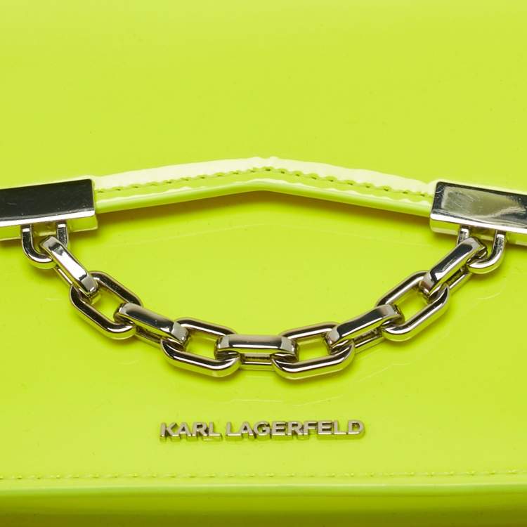Pre Owned Karl Lagerfeld Neon Yellow Patent Leather Mini K/Karl Seven Top Handle Bag