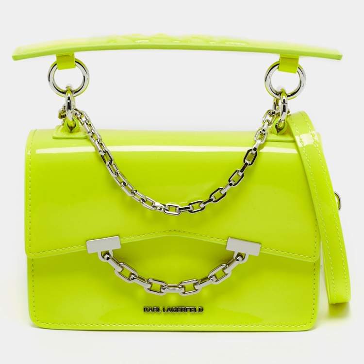 Pre Owned Karl Lagerfeld Neon Yellow Patent Leather Mini K/Karl Seven Top Handle Bag