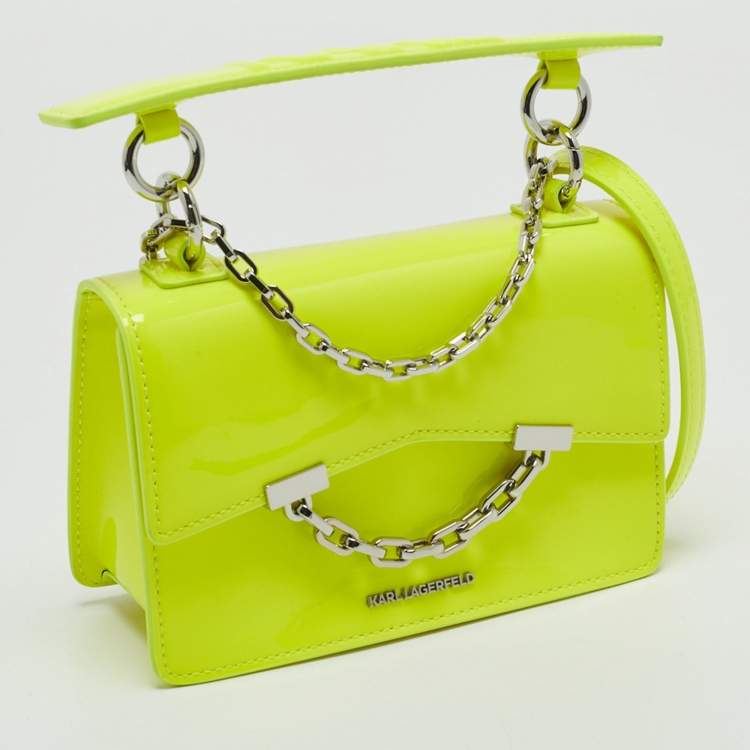 Pre Owned Karl Lagerfeld Neon Yellow Patent Leather Mini K/Karl Seven Top Handle Bag