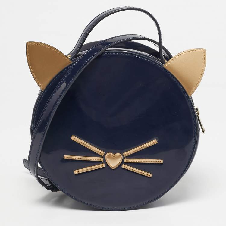 Pre Owned Karl Lagerfeld Navy Blue/Gold Patent Leather K/Cat Ears Crossbody Bag