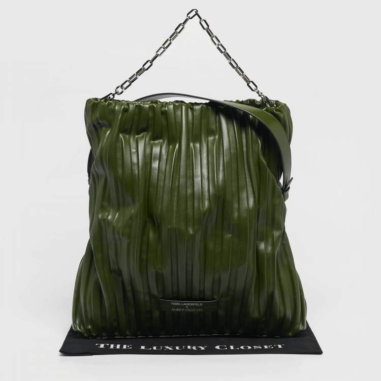 Pre Owned Karl Lagerfeld x Amber Valletta Green Pleated Faux Leather K/Kushion Fold Over Shoulder Bag