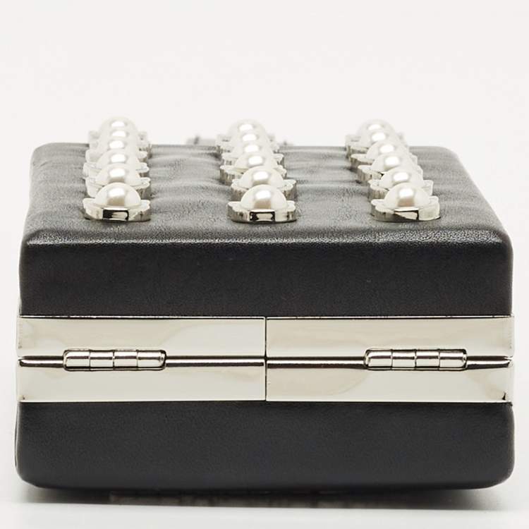 Pre Owned Karl Lagerfeld Black Leather NYC Choupette Pearl Embellished Clutch