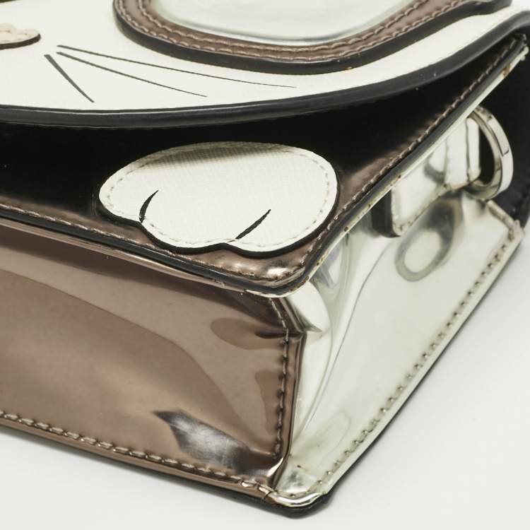 Pre Owned Karl Lagerfeld White/Grey Patent and Leather Ikonik Choupette Crossbody Bag