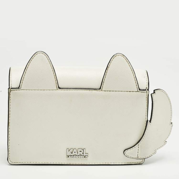Pre Owned Karl Lagerfeld White/Grey Patent and Leather Ikonik Choupette Crossbody Bag