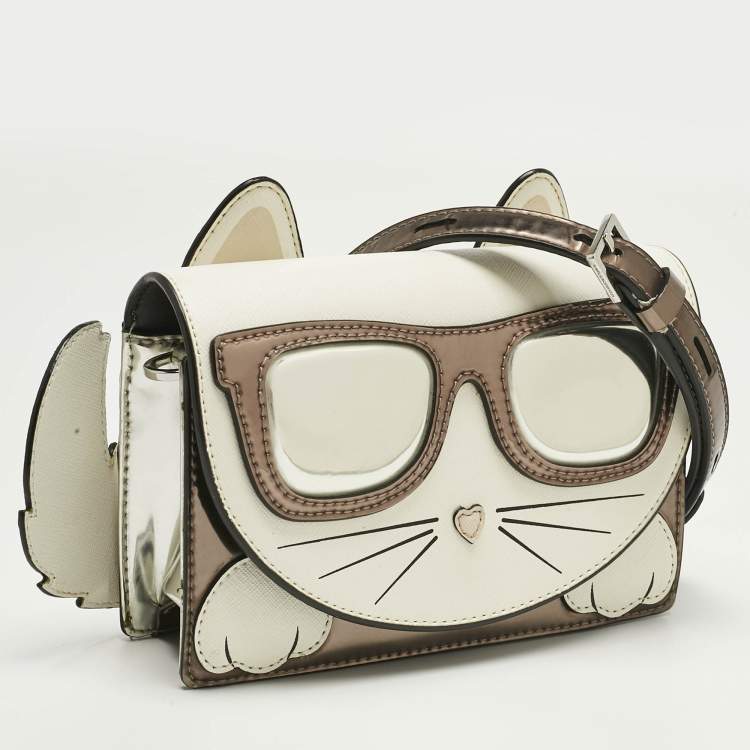 Pre Owned Karl Lagerfeld White/Grey Patent and Leather Ikonik Choupette Crossbody Bag