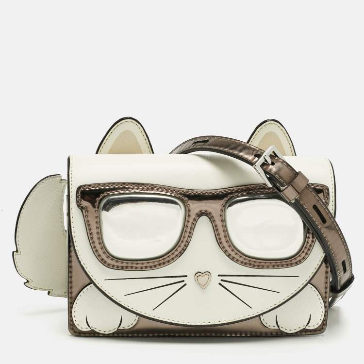 Pre Owned Karl Lagerfeld White/Grey Patent and Leather Ikonik Choupette Crossbody Bag
