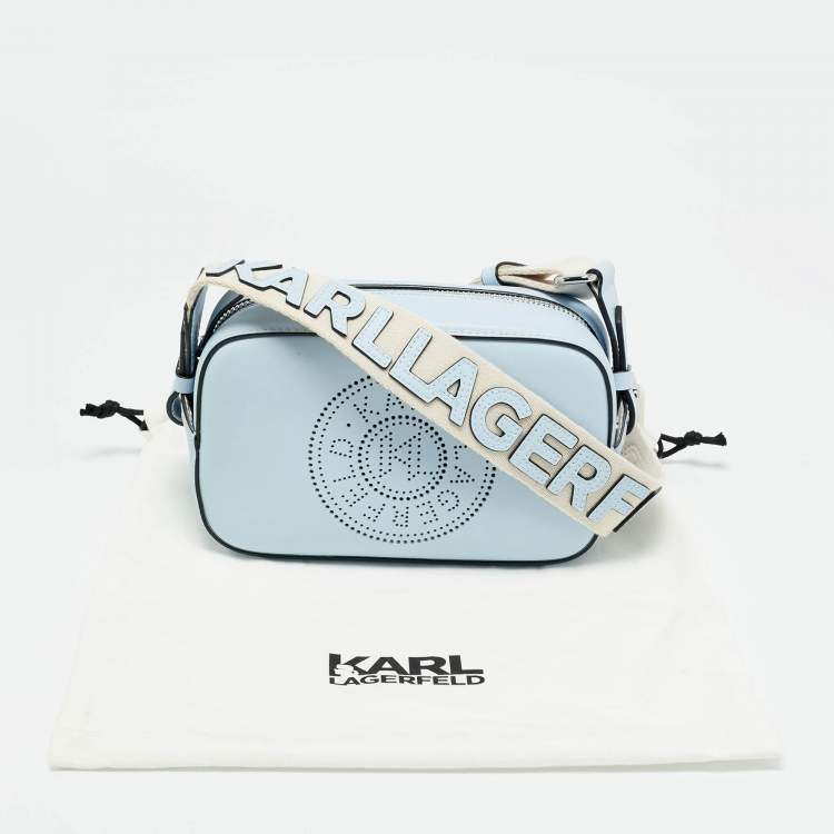 Pre Owned Karl Lagerfeld Light Blue/White Leather K/Circle Camera Crossbody Bag