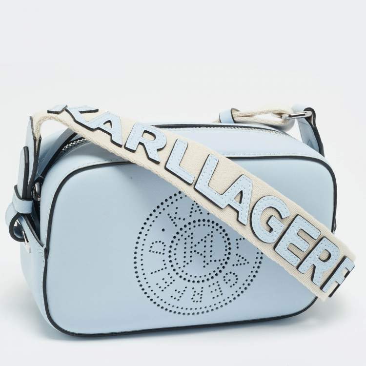Pre Owned Karl Lagerfeld Light Blue/White Leather K/Circle Camera Crossbody Bag