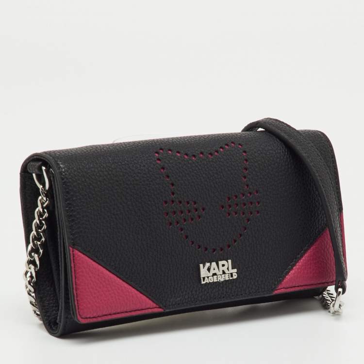 Pre Owned Karl Lagerfeld Black/Pink Leather Wallet on Strap