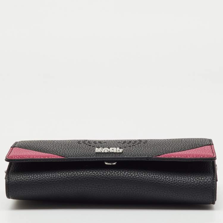 Pre Owned Karl Lagerfeld Black/Pink Leather Wallet on Strap