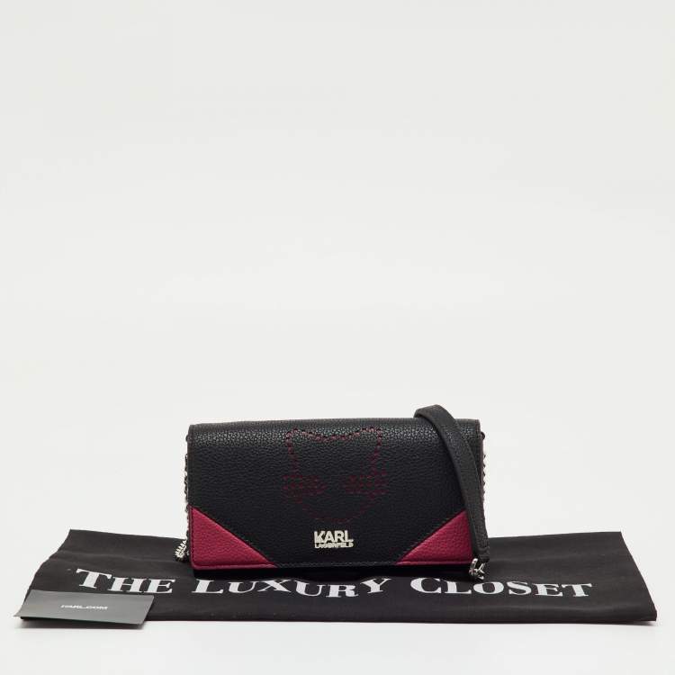 Pre Owned Karl Lagerfeld Black/Pink Leather Wallet on Strap