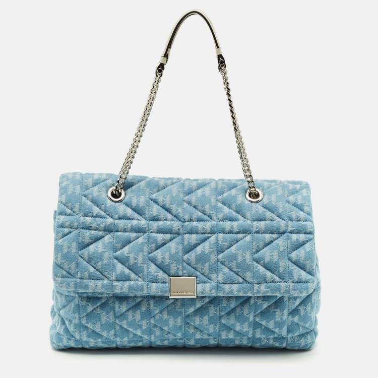 Pre Owned Karl Lagerfeld K/Kuilted Large Blue Denim Jacquard Flap Shoulder Bag