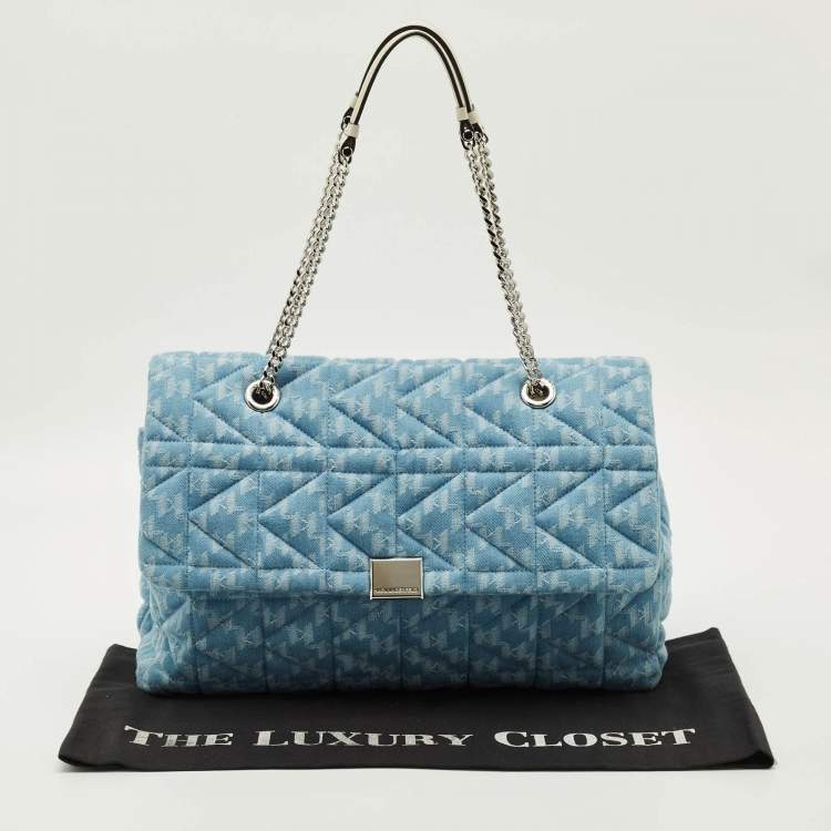 Pre Owned Karl Lagerfeld K/Kuilted Large Blue Denim Jacquard Flap Shoulder Bag