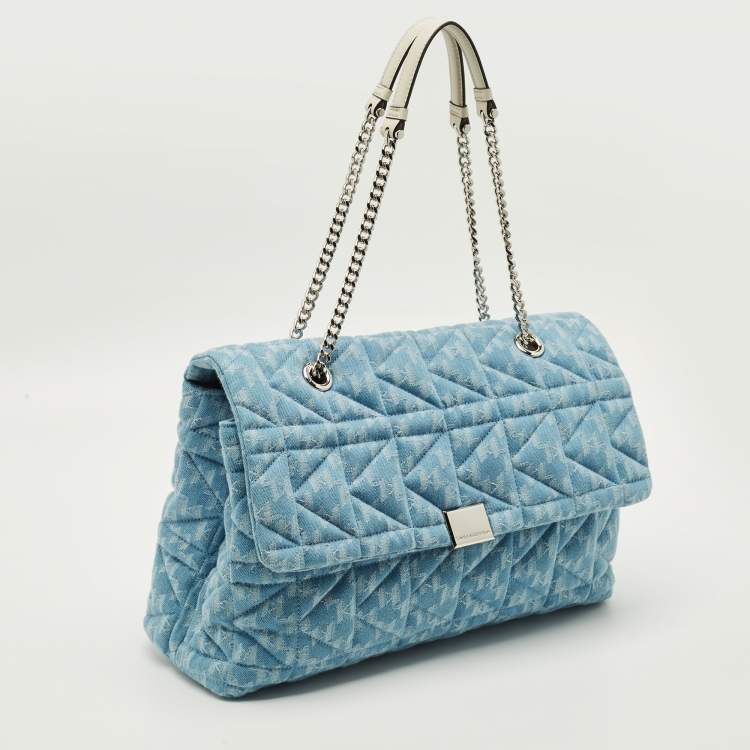Pre Owned Karl Lagerfeld K/Kuilted Large Blue Denim Jacquard Flap Shoulder Bag