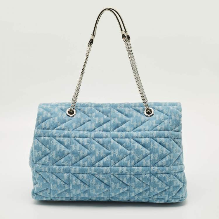 Pre Owned Karl Lagerfeld K/Kuilted Large Blue Denim Jacquard Flap Shoulder Bag