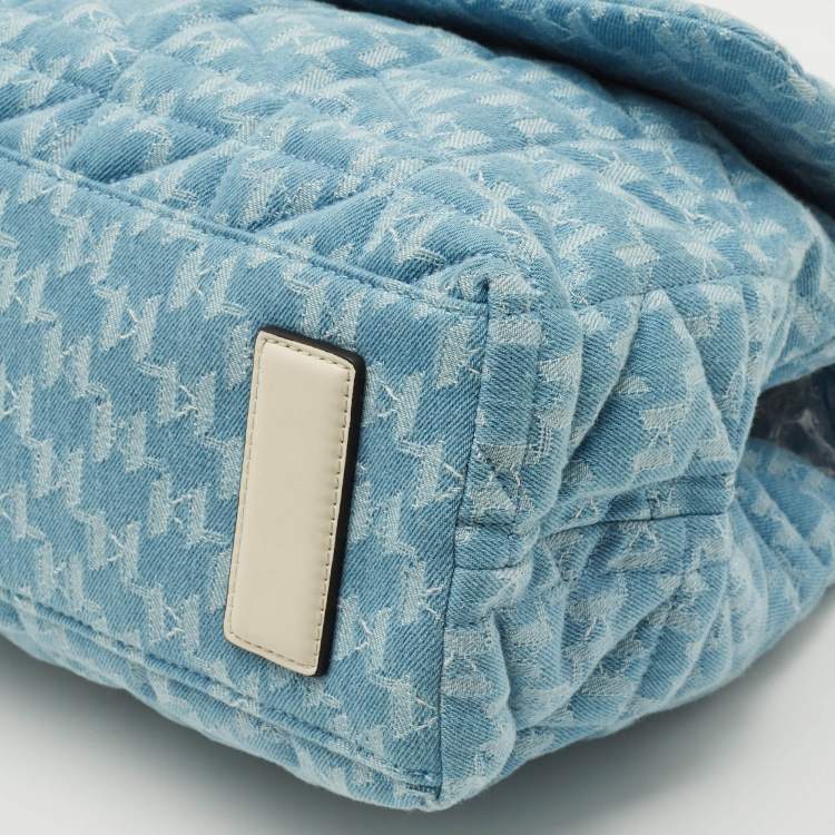 Pre Owned Karl Lagerfeld K/Kuilted Large Blue Denim Jacquard Flap Shoulder Bag