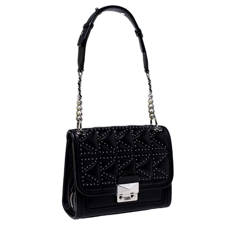 Pre Owned Karl Lagerfeld Black Leather Small K/Kuilted Studs Top Handle Bag
