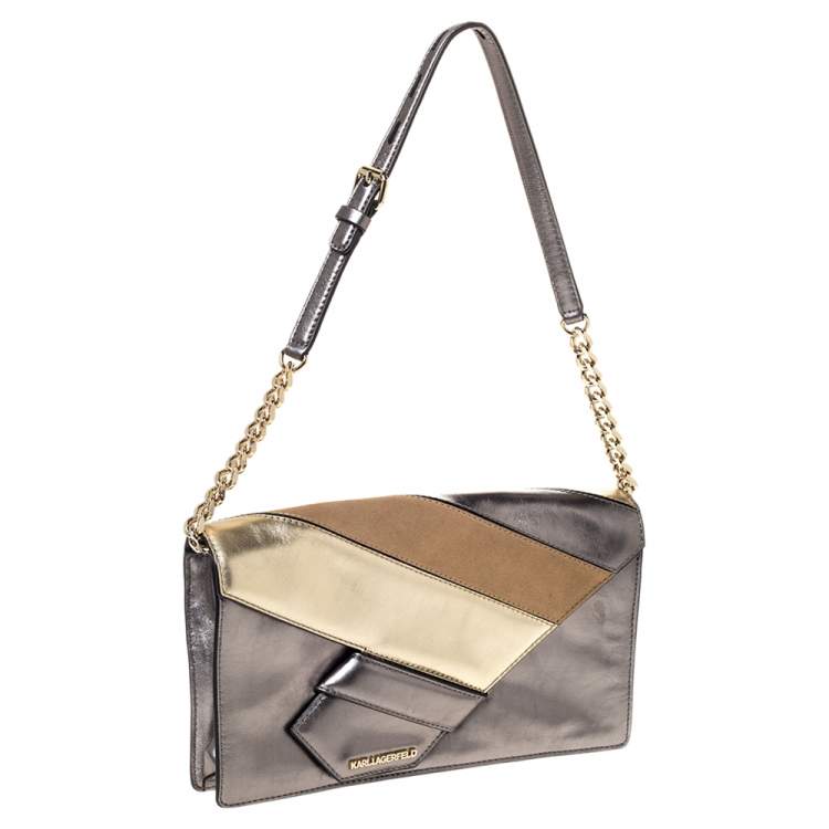 Pre Owned Karl Lagerfeld Metallic Leather and Suede Flap Shoulder Bag