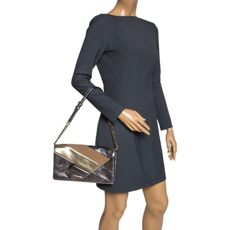 Pre Owned Karl Lagerfeld Metallic Leather and Suede Flap Shoulder Bag
