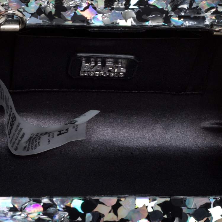 Pre Owned Karl Lagerfeld Black/Silver Glitter Acrylic Choupette Minaudiere Chain Box Clutch                  