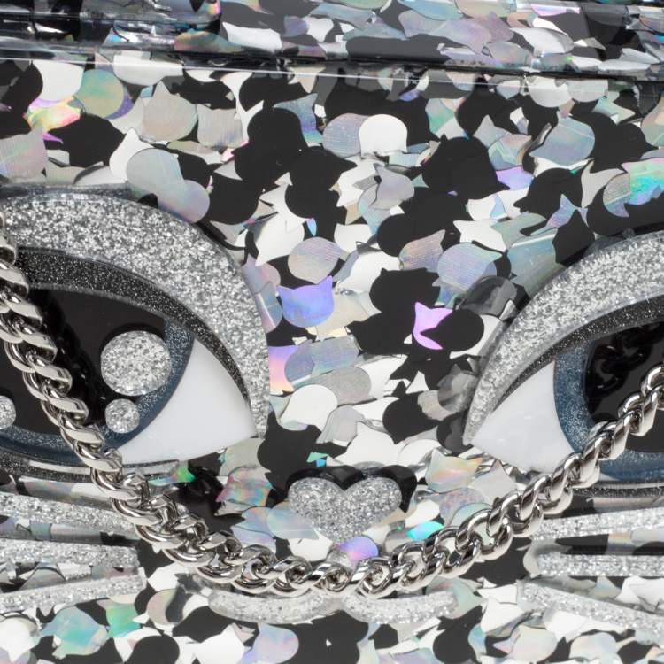 Pre Owned Karl Lagerfeld Black/Silver Glitter Acrylic Choupette Minaudiere Chain Box Clutch                  