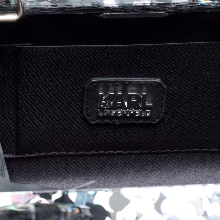 Pre Owned Karl Lagerfeld Black/Silver Glitter Acrylic Choupette Minaudiere Chain Box Clutch                  