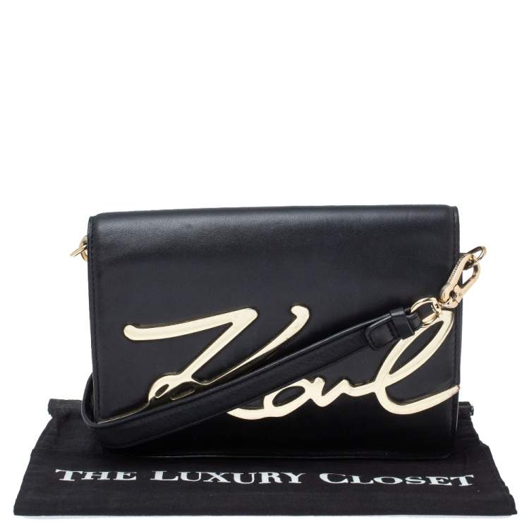 Pre Owned Karl Lagerfeld Black Leather K/Signature Crossbody Bag