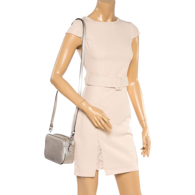 Pre Owned Karl Lagerfeld Metallic Silver Leather Camera Crossbody Bag