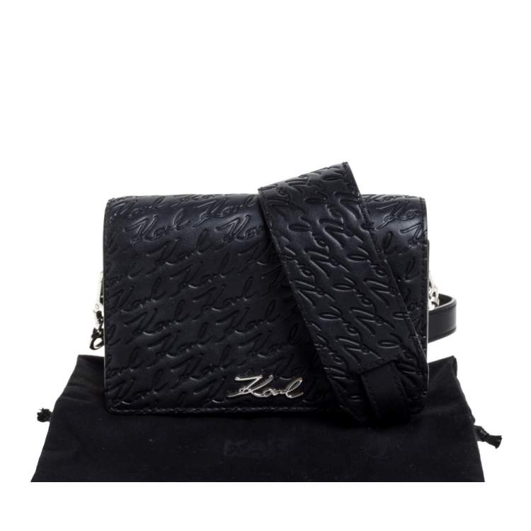 مملوكة مسبقًا Karl Lagerfeld Black Signature Embossed Leather Flap Shoulder Bag