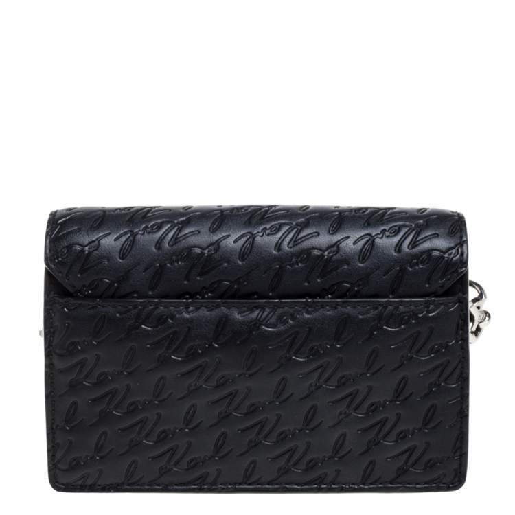 مملوكة مسبقًا Karl Lagerfeld Black Signature Embossed Leather Flap Shoulder Bag