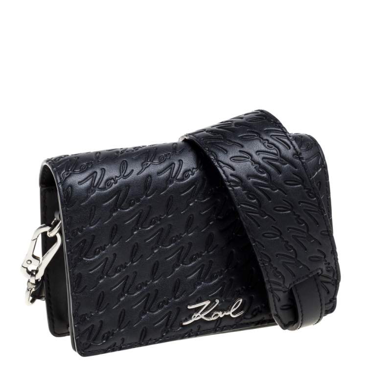 مملوكة مسبقًا Karl Lagerfeld Black Signature Embossed Leather Flap Shoulder Bag
