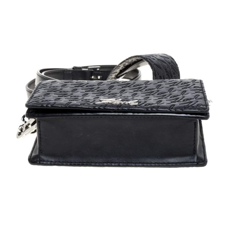 مملوكة مسبقًا Karl Lagerfeld Black Signature Embossed Leather Flap Shoulder Bag