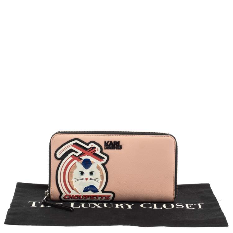 Pre Owned Karl Lagerfeld Pink/Black Leather Choupette Zip Around Continental Wallet 