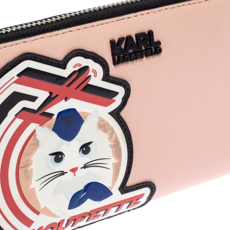 Pre Owned Karl Lagerfeld Pink/Black Leather Choupette Zip Around Continental Wallet 