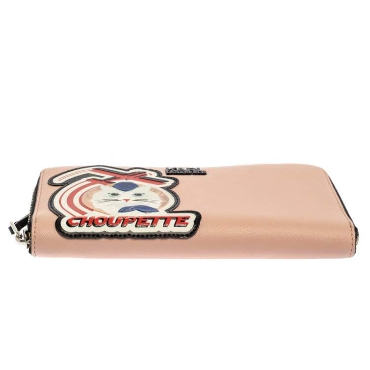 Pre Owned Karl Lagerfeld Pink/Black Leather Choupette Zip Around Continental Wallet 